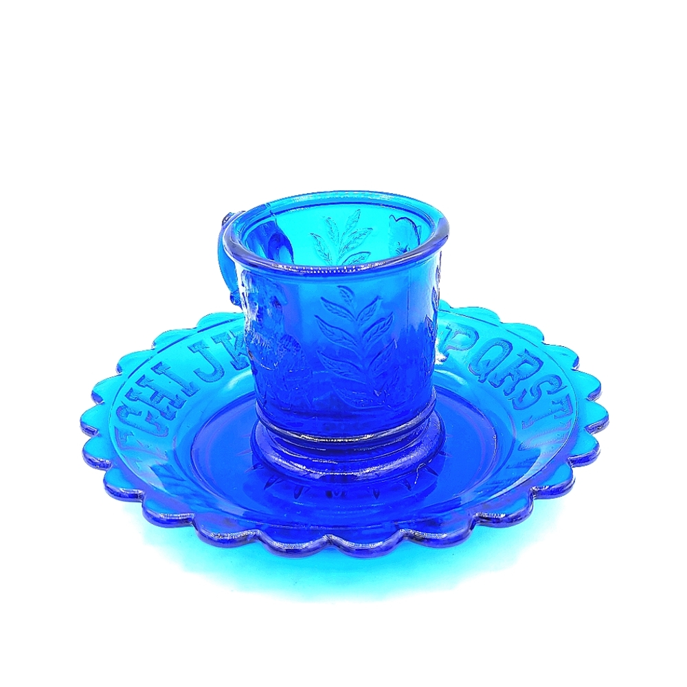Vintage Cobalt Blue Mosser Glass Child's Mug & Alphabet Plate